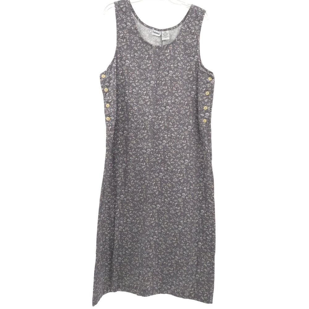 Vintage‎ 90s Sleeveless Midi Dress Women Large Gray Floral Print Cotton Button